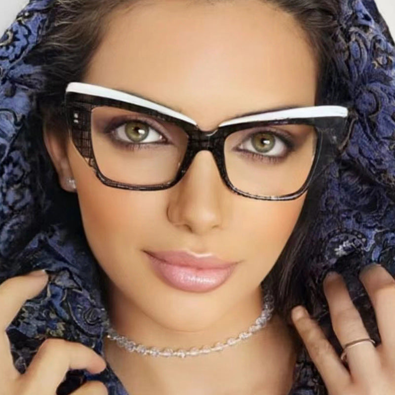 Cat's Eye Large Frame Glasses Frame Color Contrasting Ins Flat Mirror TR90 Anti Blue Light Color blocked Fashion Glasses Frame