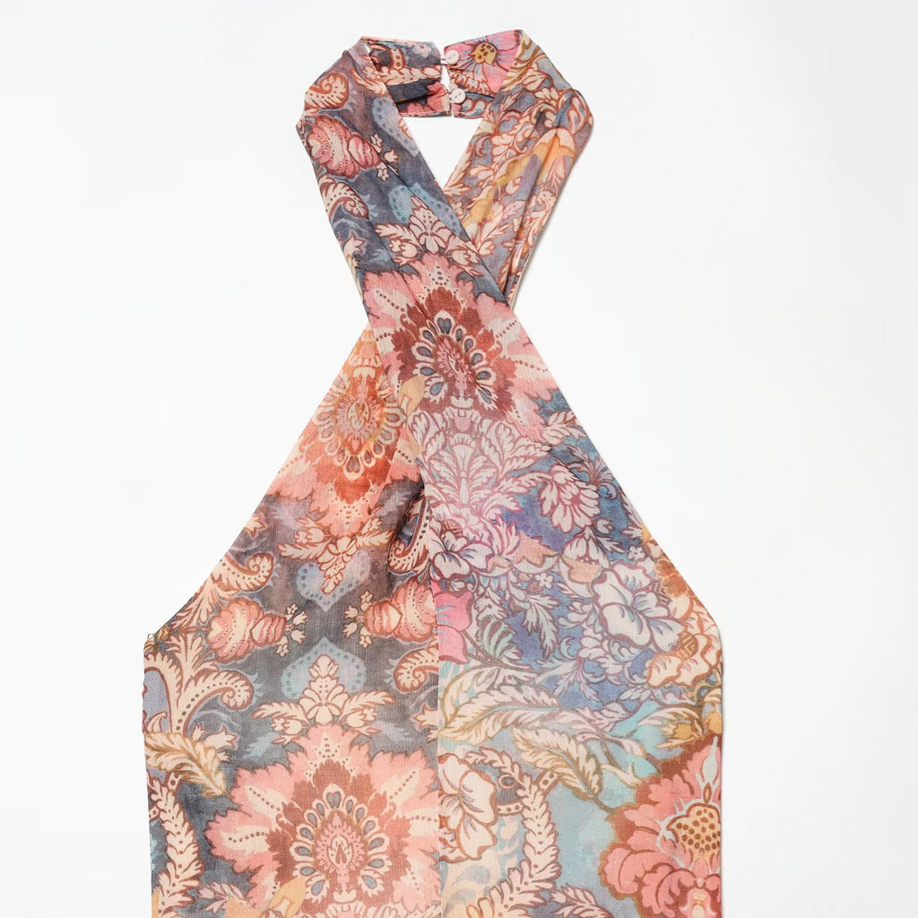 Ethnic style sexy chiffon halter neck dress