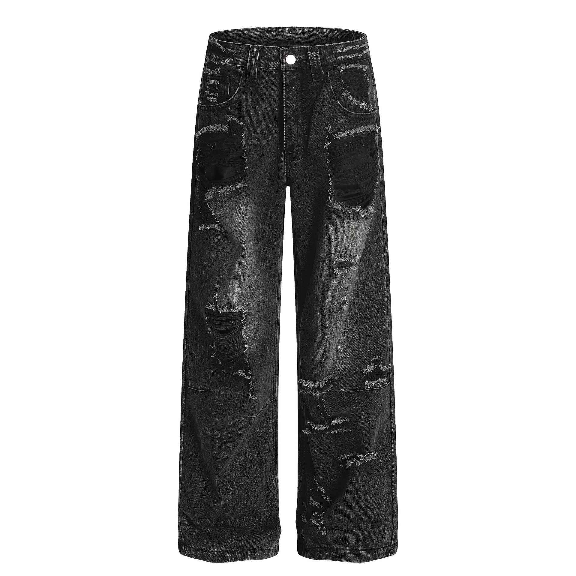 Distressed Wide Leg Jeans Heavy Washed Vintage Look, Unisex Oversized Floor-Length Pants