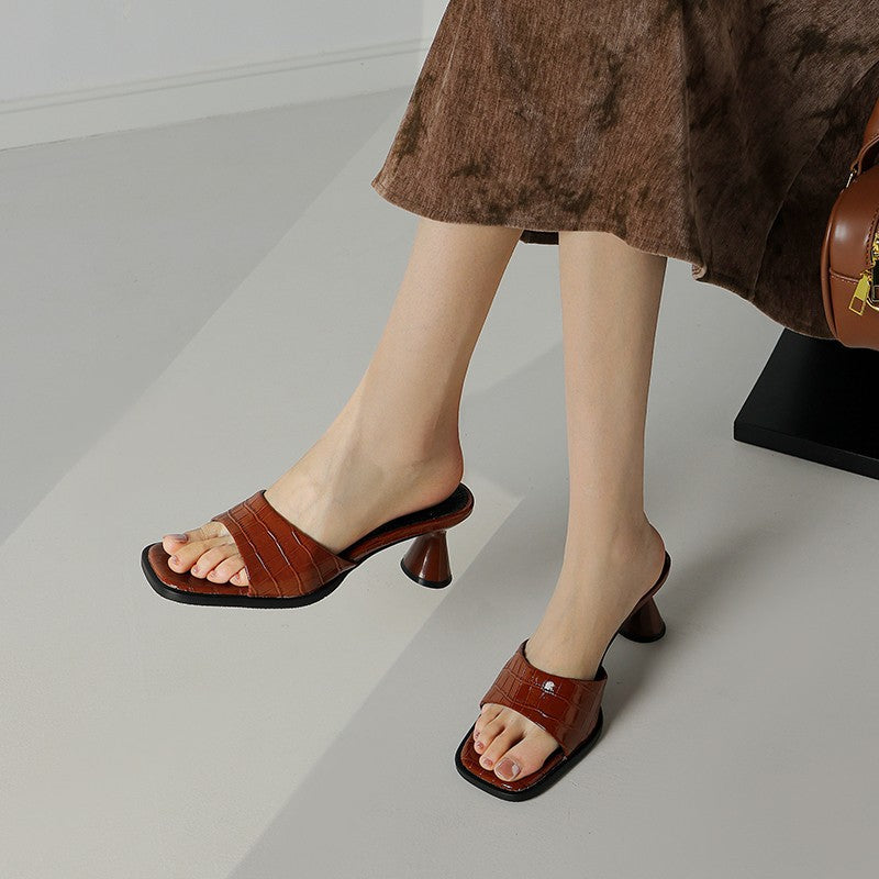 One word thick heel square toe bamboo joint pattern cowhide slippers