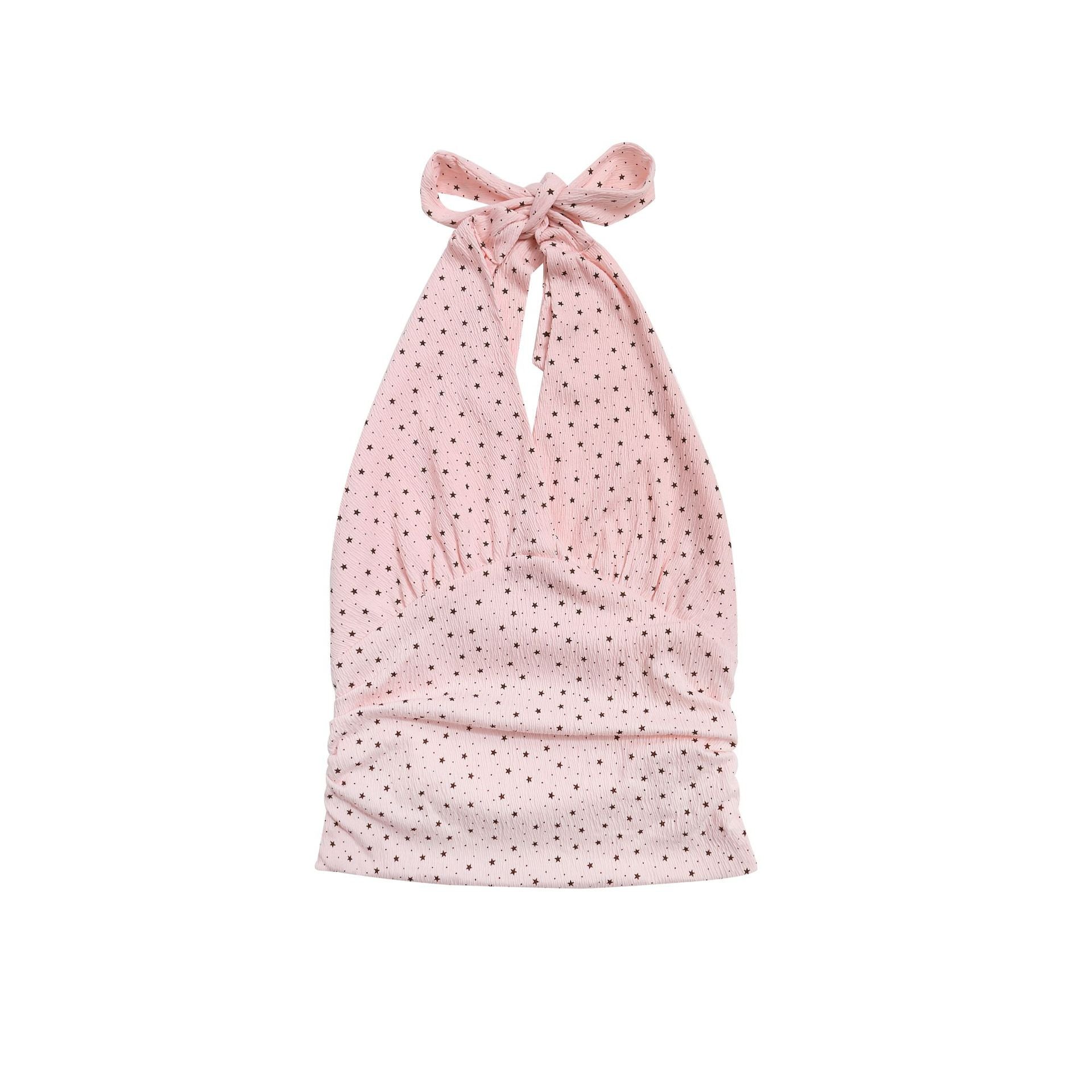 Star Print Halter Top with Bowknot Pleated Waist, Backless Fitted Cropped Blouse
