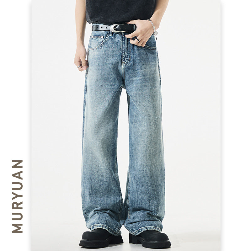 Loose Fit Men's Denim Pants Mid-Waist Plain Straight Leg A-Line Cut