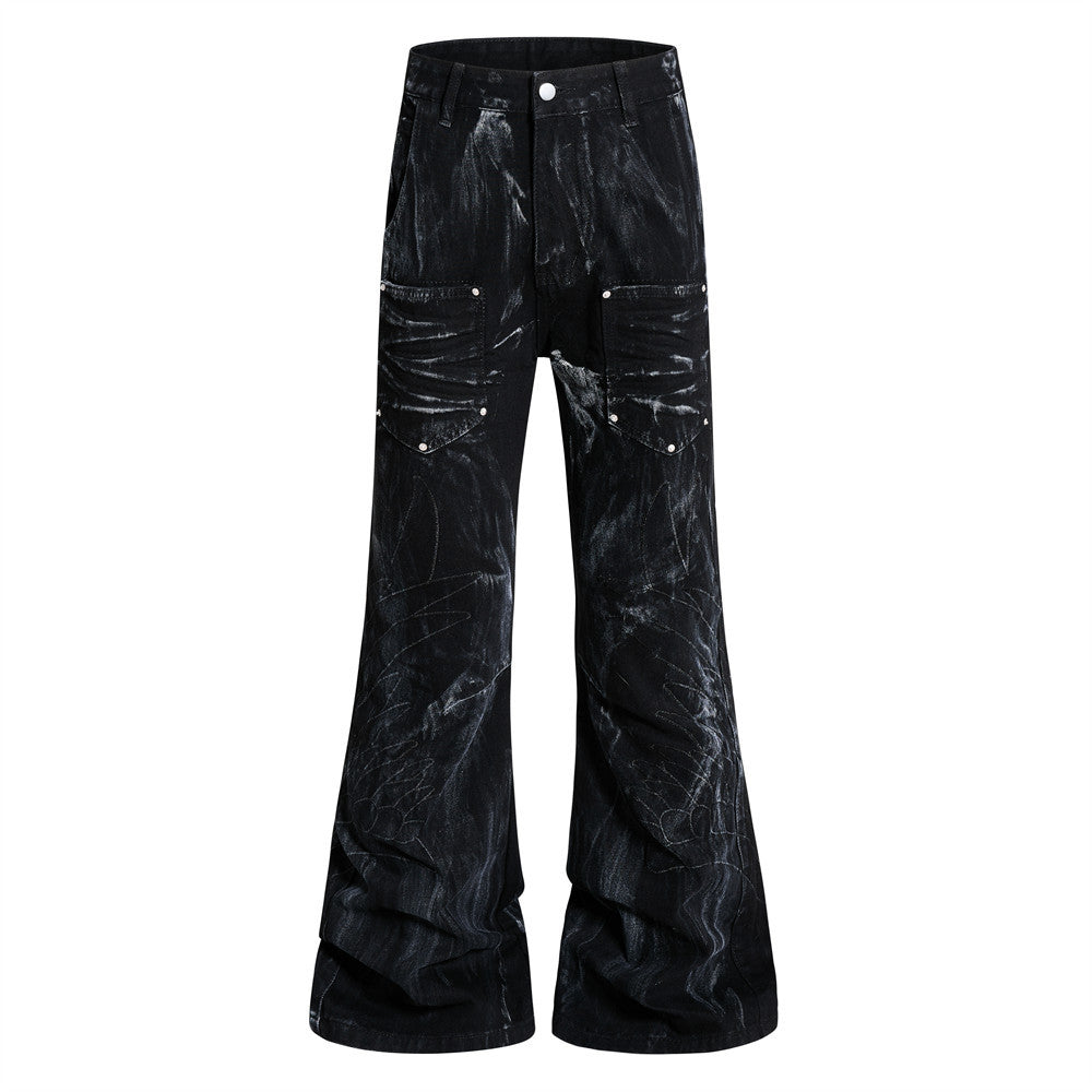 Graffiti splashed ink to make dirty denim bell bottoms