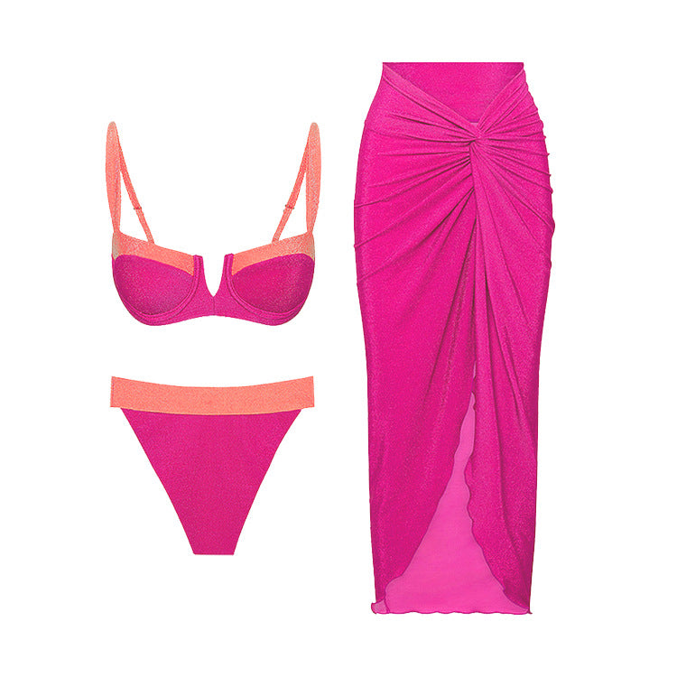 Color-blocked glittery Sleeveless  One-piece  Bikini-style  Swimwear Set