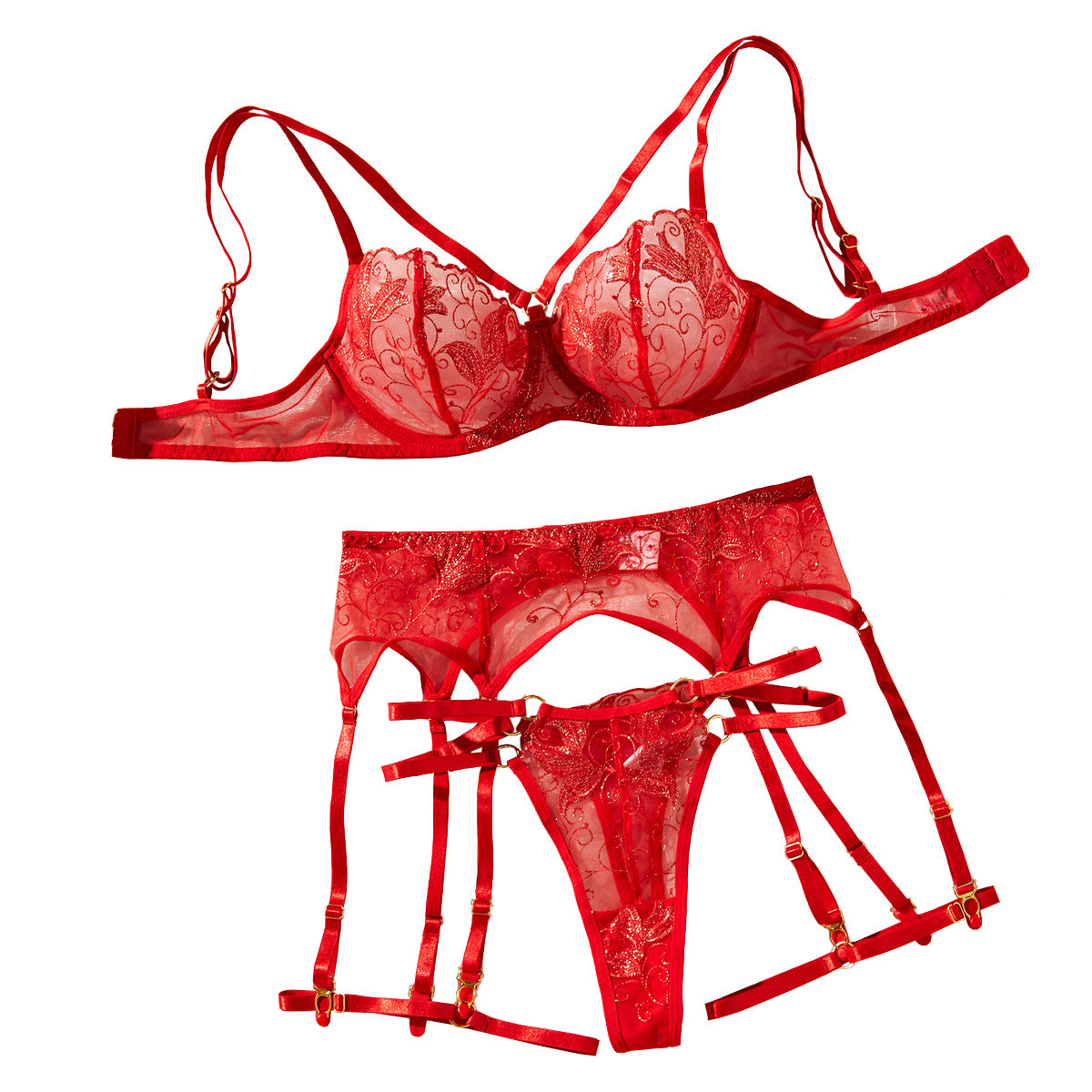 Flower Embroidery Ultra Thin Perspective Sexy Underwear Four Piece Set