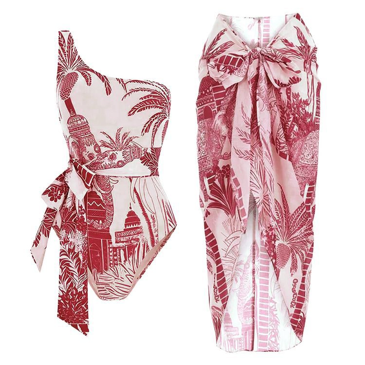 Print Off-Shoulder Belted Slim-Fitting  One-Piece Swimsuit