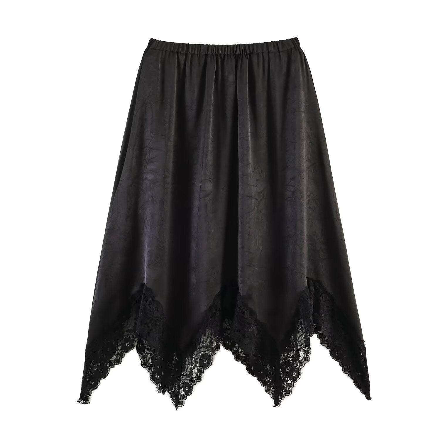 Irregular hem lace lace embossed satin skirt