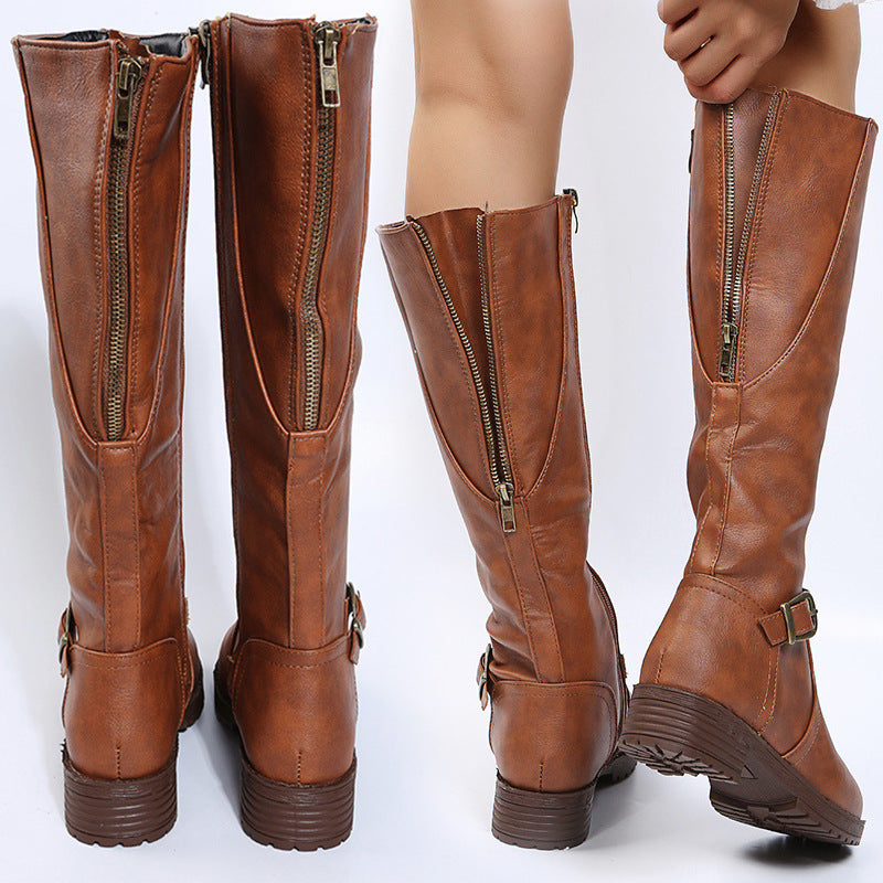Zipper low heeled long leg boots high leg women's boots