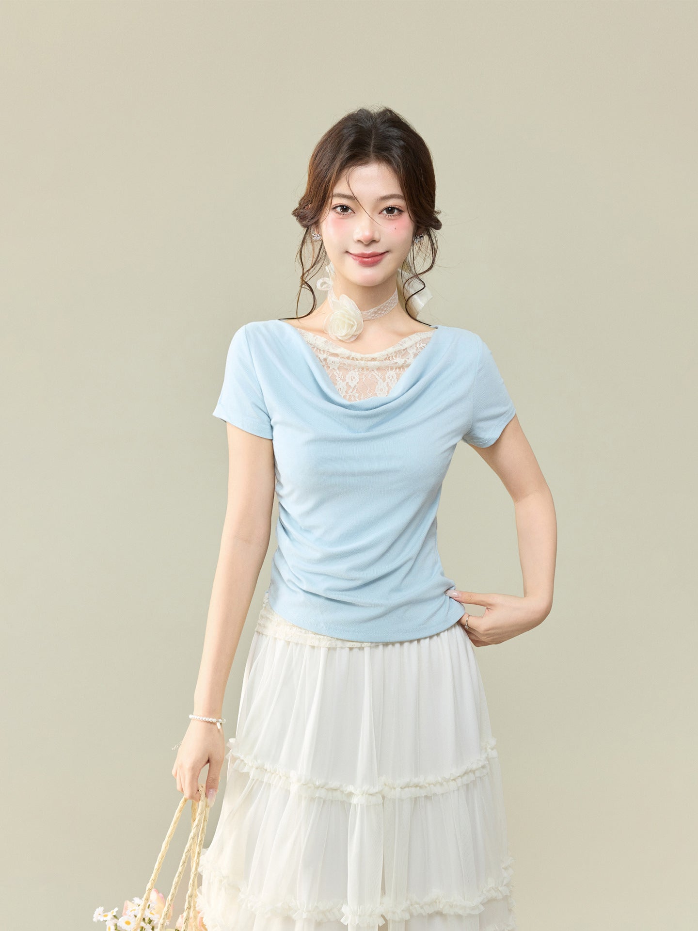 Off-Shoulder Lace Spliced Short Sleeve T-Shirt for Women, Elegant and Sexy Fitted Top with Ruffled Neckline