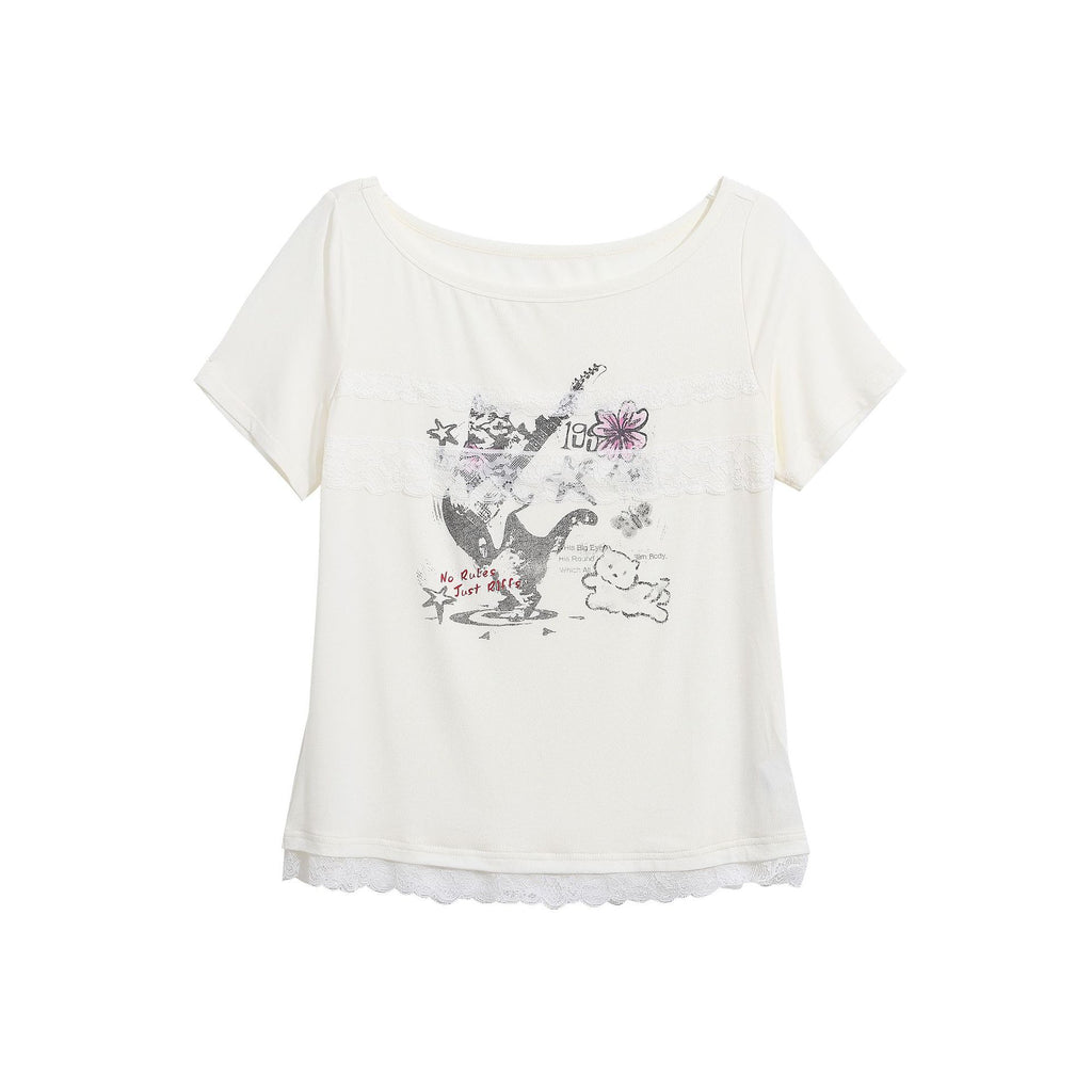 Cool Style Lace Patchwork Printed T-Shirt with Guitar Cat Pattern, Fitted Cropped Top