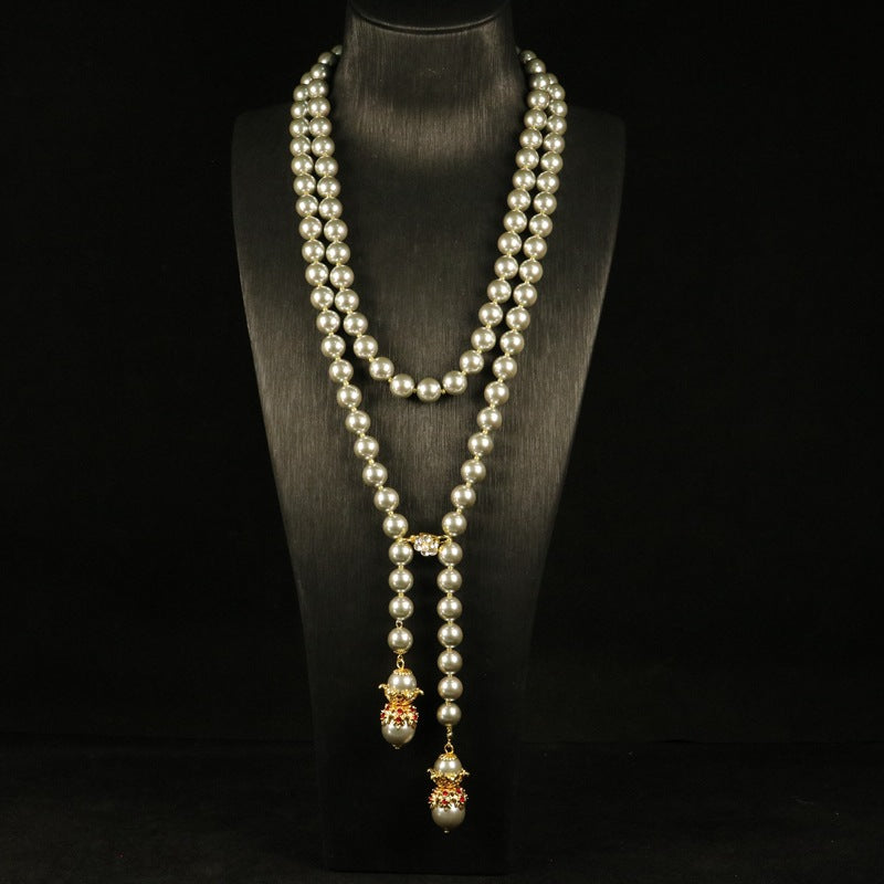Glass pearl long sweater chain set