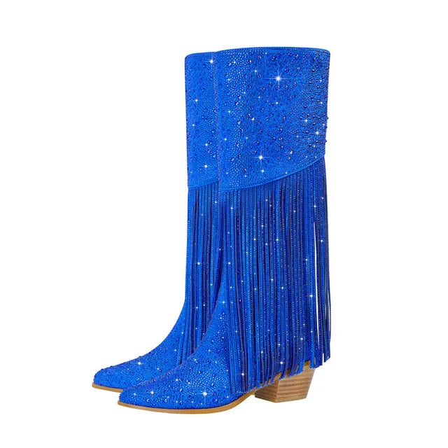 New Women's Thick High Heels Knee Long Women's Boots Fashion Tassel Rhinestone Short Boots Pointed Large Women's Boots