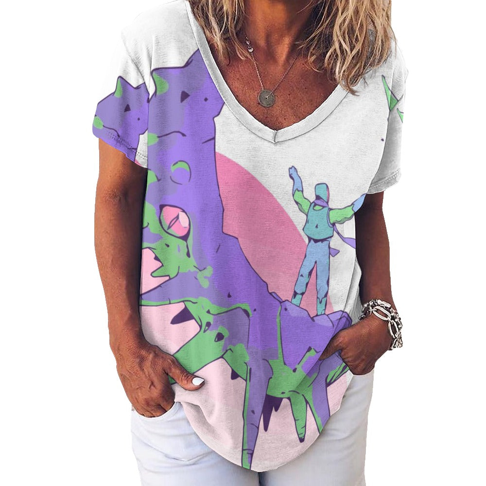 New V Neck Short-sleeve Women Shirt Printed