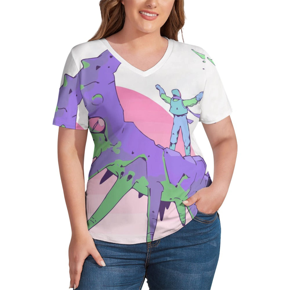 New V Neck Short-sleeve Women Shirt Printed