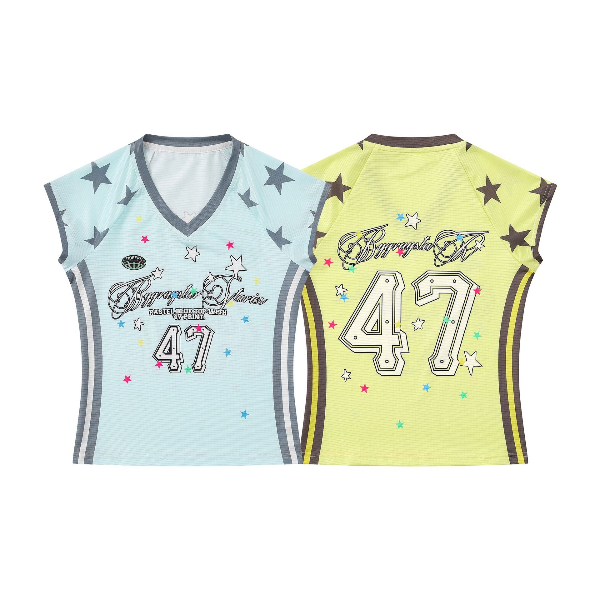 Girl Star Print V-Neck Short Sleeve T-Shirt Color Block Sporty Fitted Cropped Style