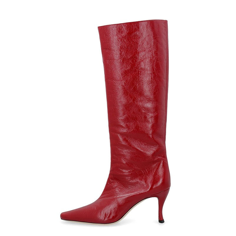 pop design autumn winter motorcycle boots shoes women print leather knee high boots sexy high heels platform riding boots woman