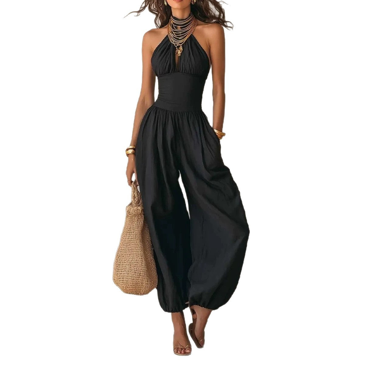 Slim-Fitting Body-Concealing Travel Halter Neck Sexy Casual Comfortable Jumpsuit