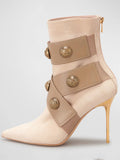 Gold Round Badge Short Boots Pointed Toe Metal Stiletto Heels Zipper Boots Sexy Fashionable Party Boots for Women