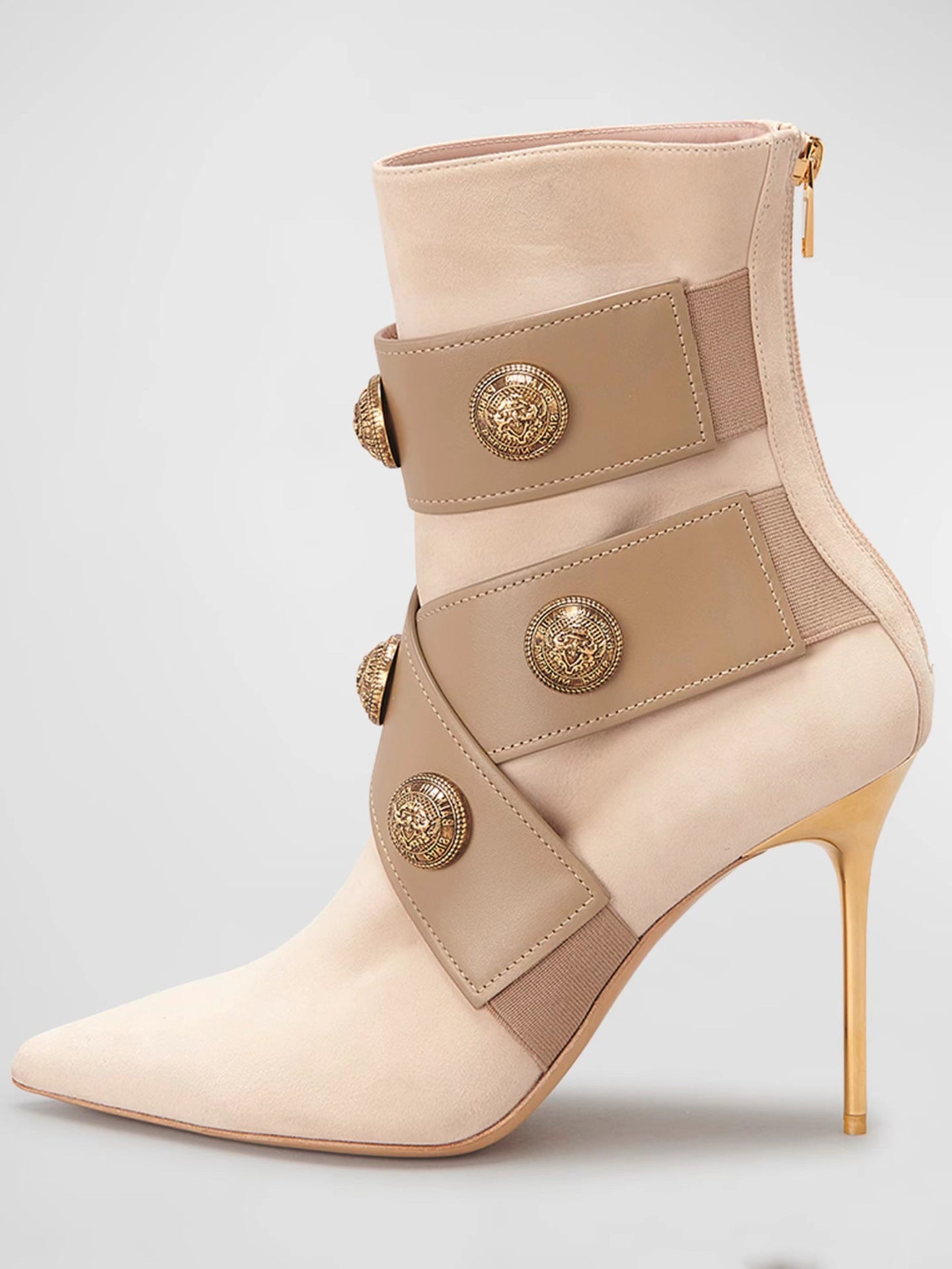 Gold Round Badge Short Boots Pointed Toe Metal Stiletto Heels Zipper Boots Sexy Fashionable Party Boots for Women