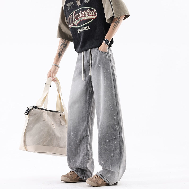 Ice Silk Denim Pants Men Retro Loose Basic Versatile Drape Wide Leg Long Pants