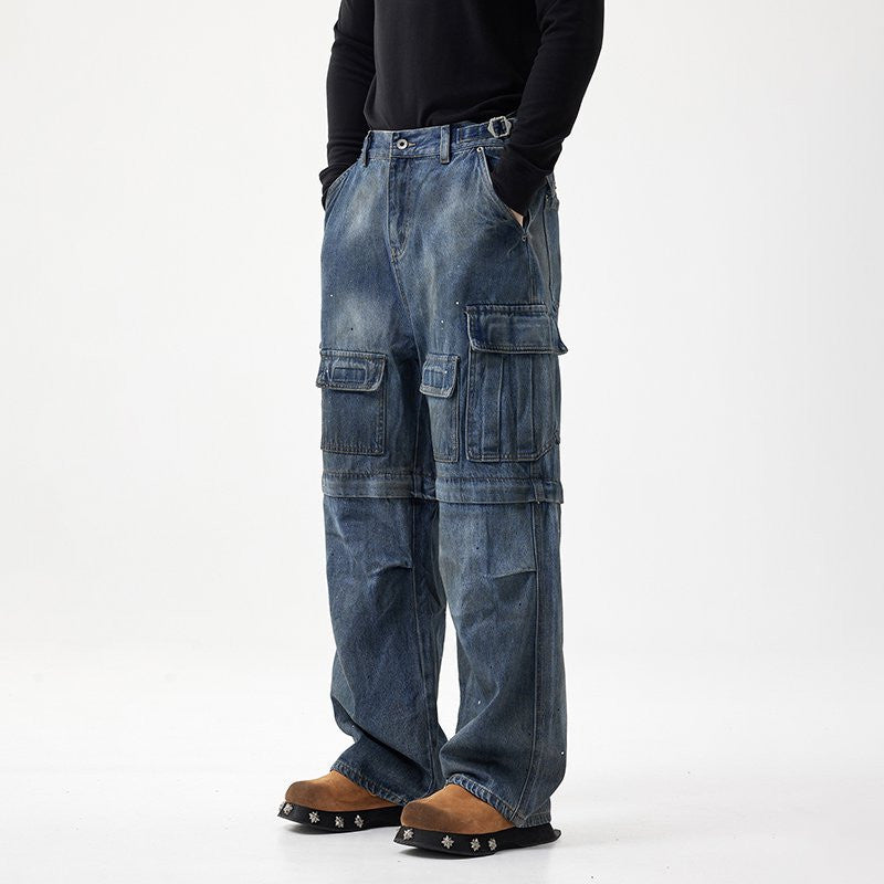 Washed worn dirty multi pocket functional work pants