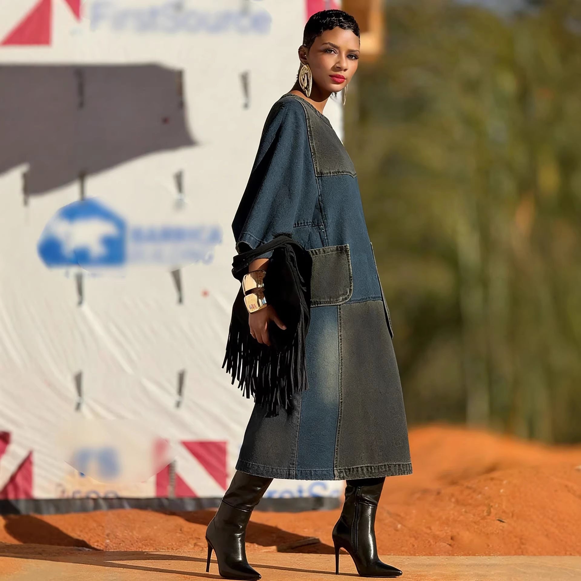Pocket Loose Denim Dress with  Design and Asymmetrical Hem