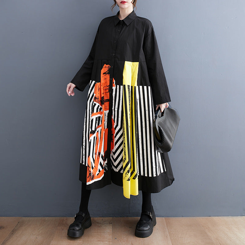Casual Loose Plus Size Printed Patchwork Sweet Long Sleeve Dress