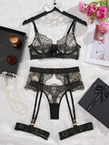 Women's four-piece shapewear set with sheer embroidered lace lingerie