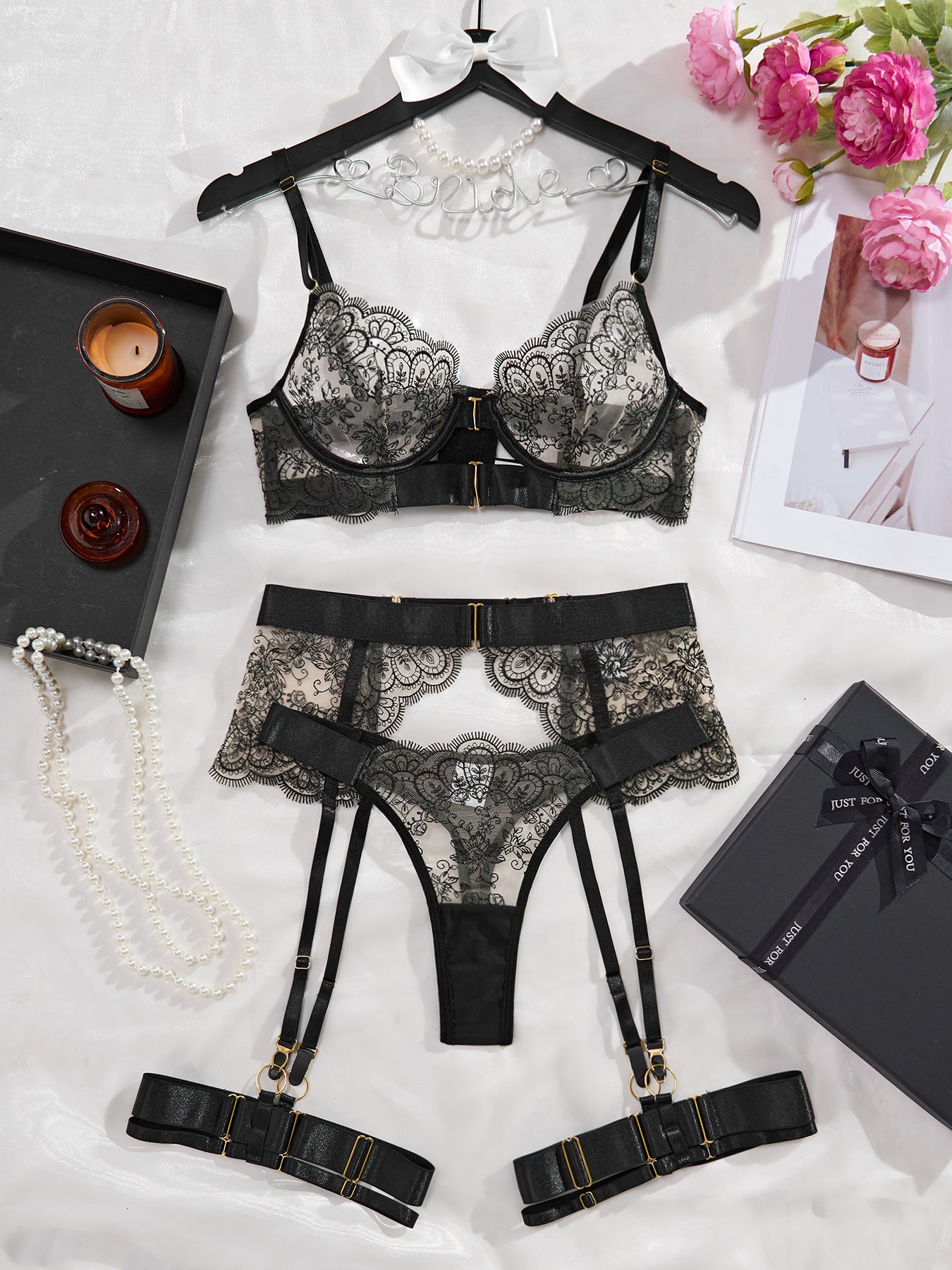 Women's four-piece shapewear set with sheer embroidered lace lingerie