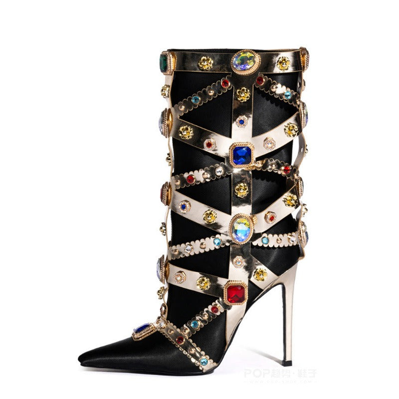 Luxurious Gemstone-embellished Mid Calf Boots Women Fashion Satin Short Boots Ladies Sexy Pointed-toe shoes