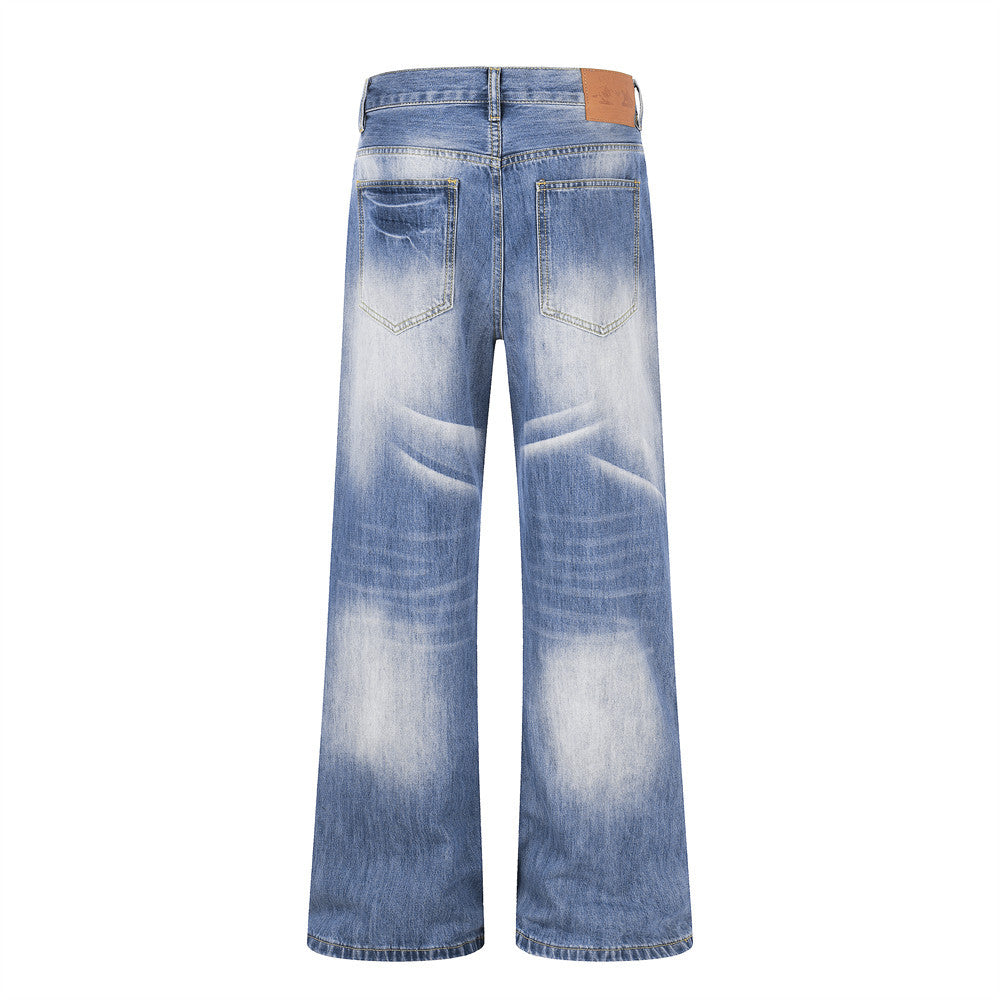 Color blocking white washed denim micro pull pants