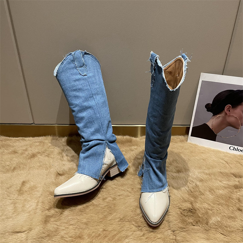 Pointed Toe Thick Heel Western Cowboy Boots Women's New High-Leg Trousers Boots But Knee Boots Knight Boot
