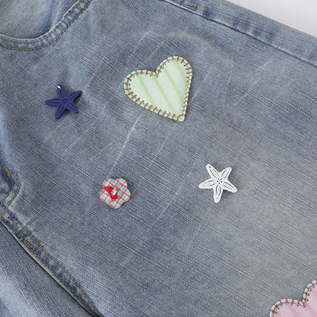 Patchwork Denim Pants Loose Straight-Leg Sweet Girl Style Versatile Long Pants