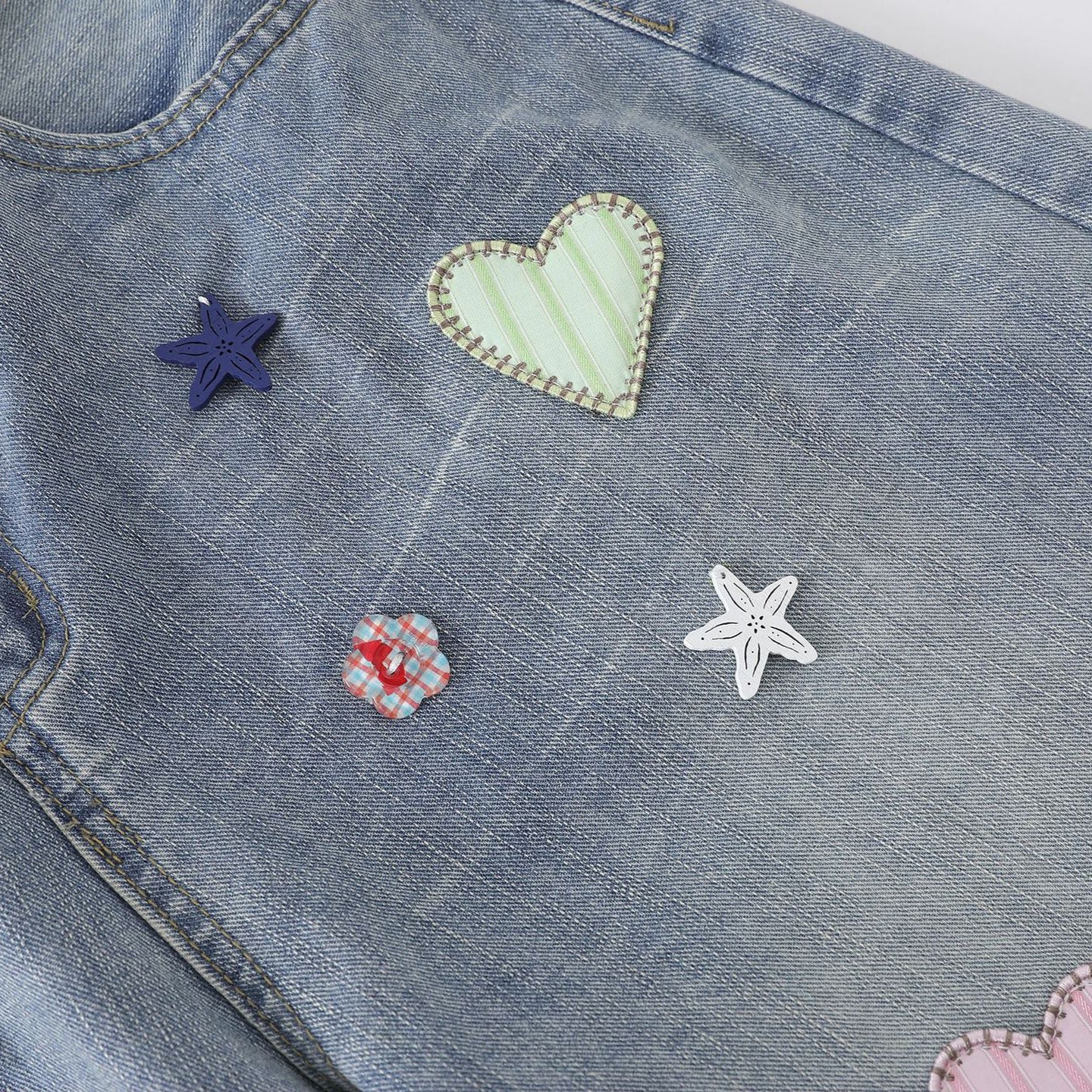 Patchwork Denim Pants Loose Straight-Leg Sweet Girl Style Versatile Long Pants
