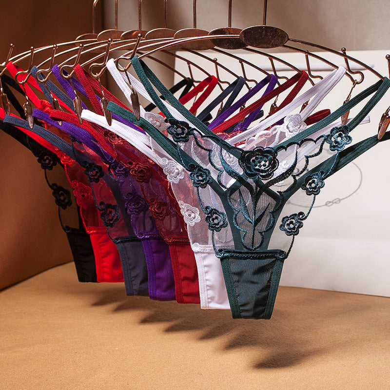 Embroidered women's thong with transparent mesh and fine straps, seamless underwear for women