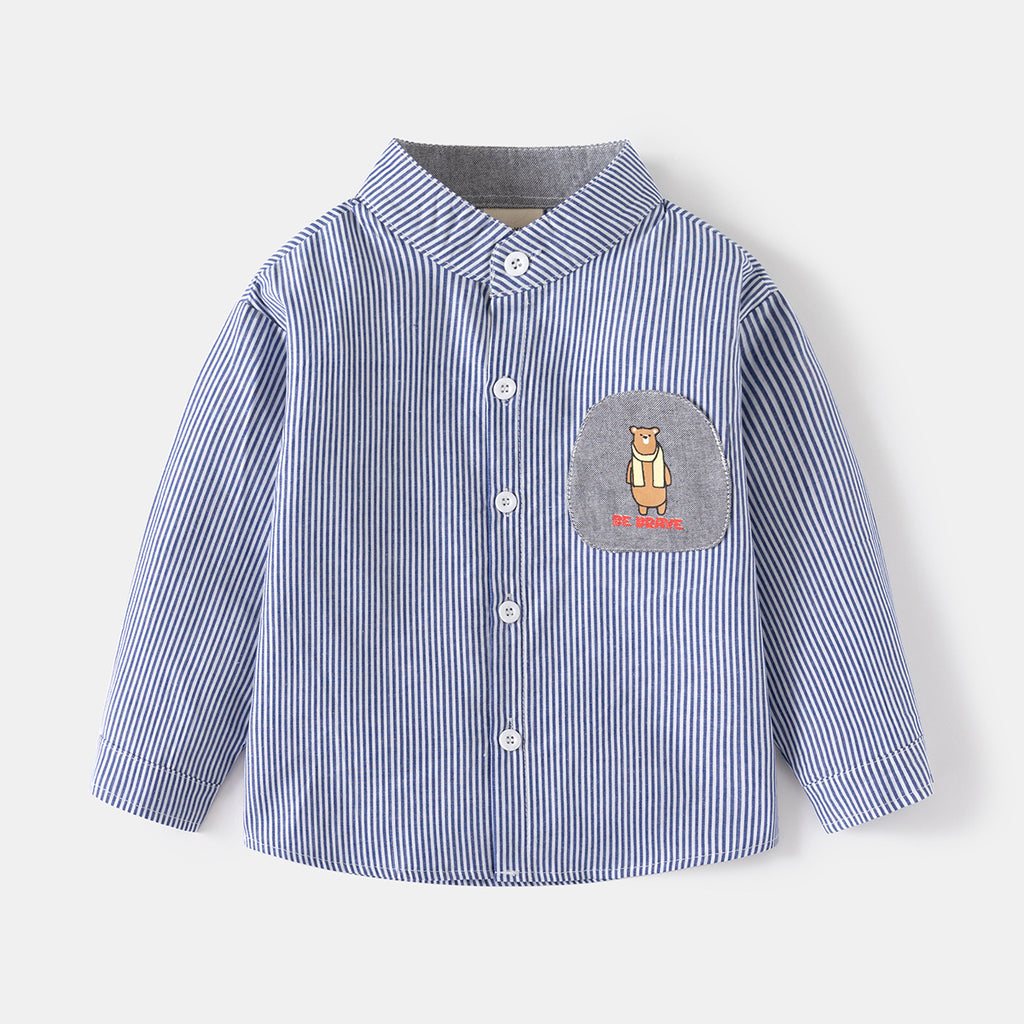 Striped Long Sleeve Shirt Stand Collar Pure Cotton, Casual Top