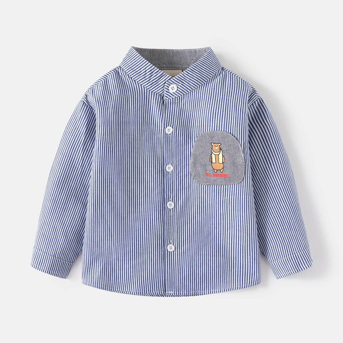 Striped Long Sleeve Shirt Stand Collar Pure Cotton, Casual Top