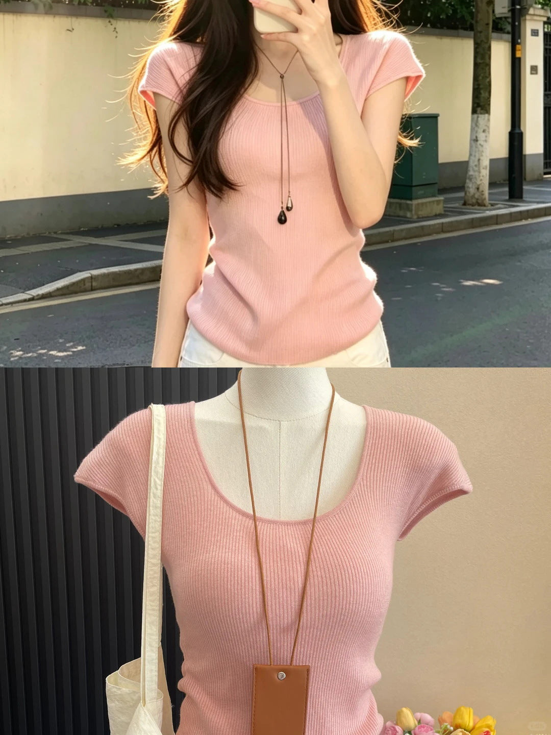 Purple U-Neck Ribbed Knit Short Sleeve