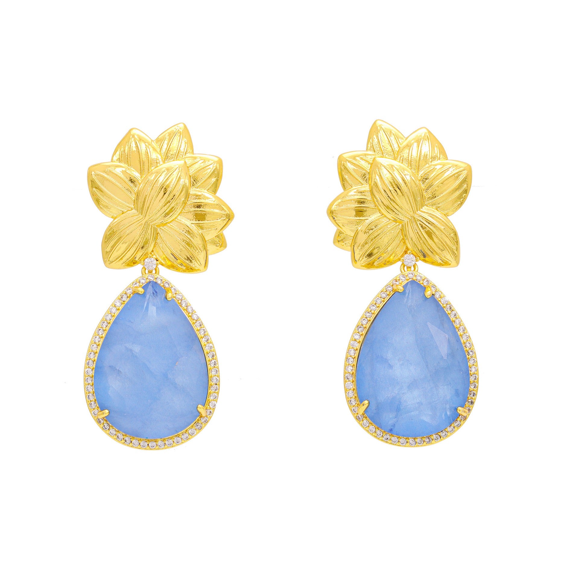 Flower earrings, light luxury and fashionable, drop earrings, sapphire gold-plated necklace set