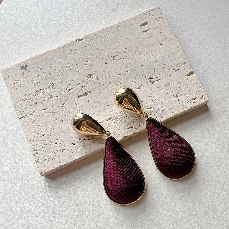 Retro velvet cloth water droplet mirror metal exaggerated earrings