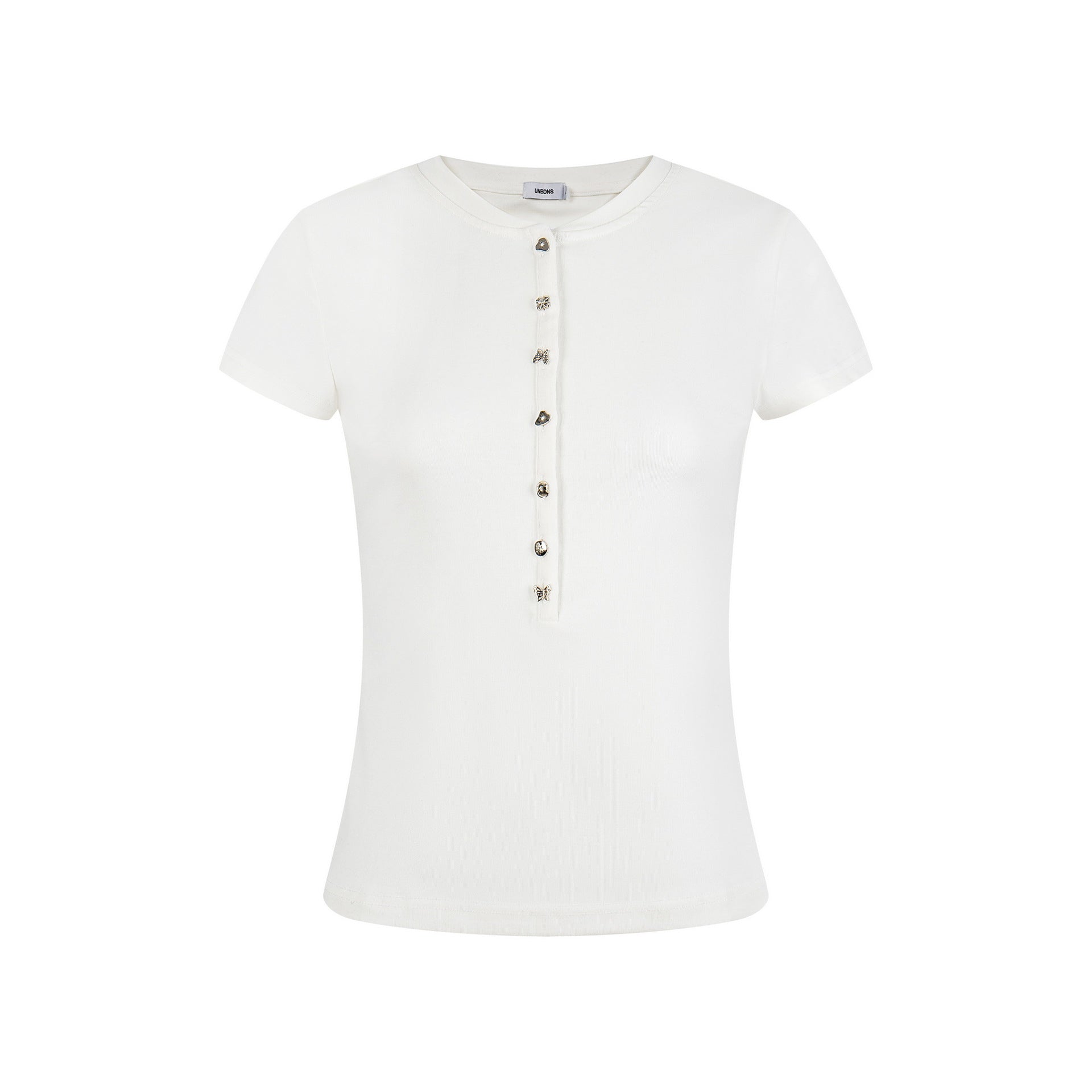 Women's Button Decorated Slim Fit Round Neck Casual Short Sleeve Top