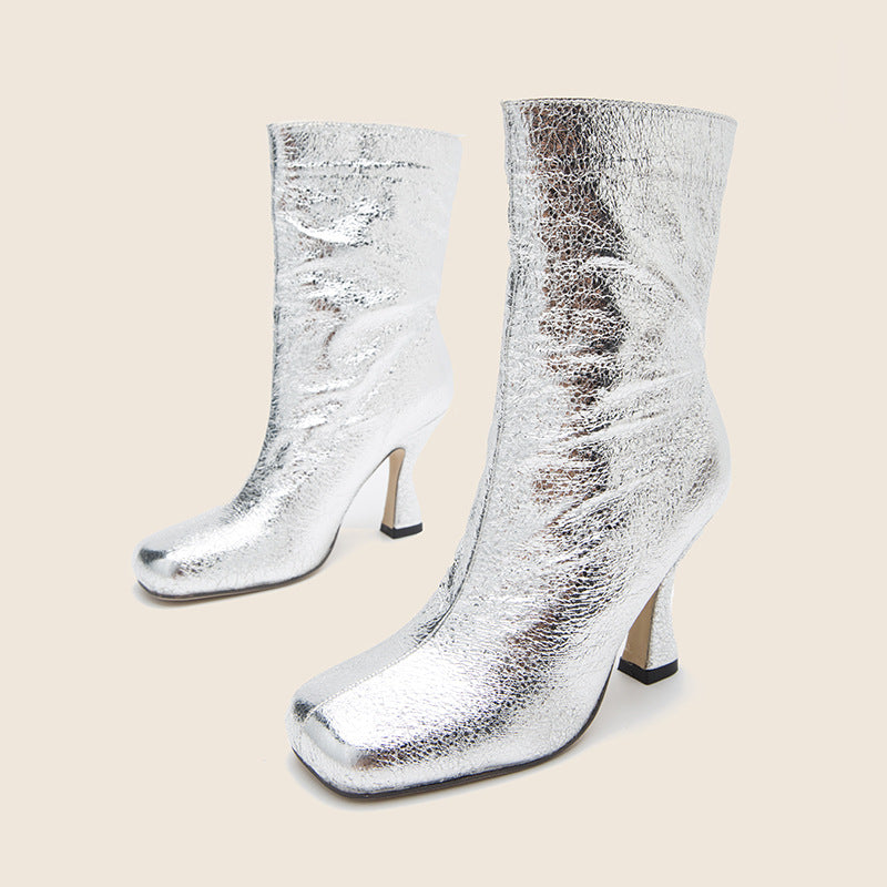 New Thin Boots New Short Boots Women's Spring and Autumn Nude Boots Mid Barrel Zipper Boots High Heel Martin Boots
