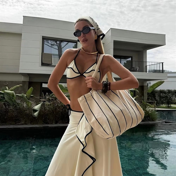 Tie-Up Long Dress Three-Piece Swimsuit, Resort Style Swimwear