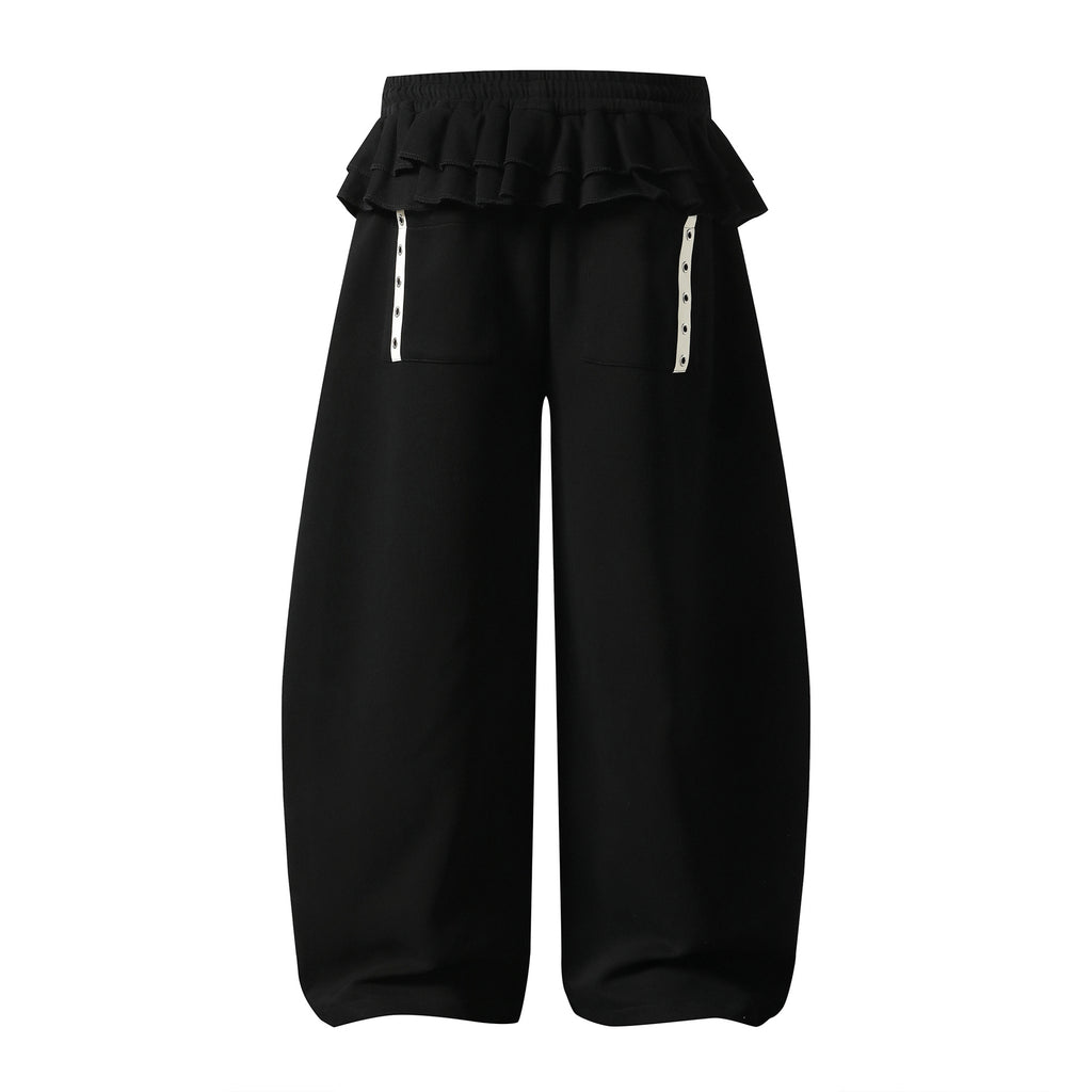 Ruffle Waistband Digital Print Wide Leg Sweatpants Women Drawstring Waist Striped Slimming Long Pants
