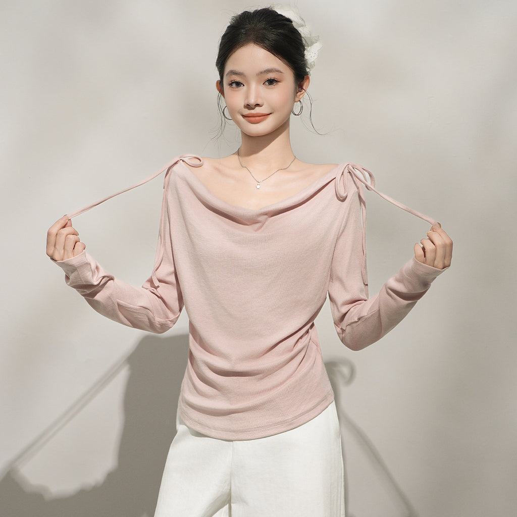 Chic Pink Off-Shoulder Long Sleeve Top for Women, One-Shoulder Neckline Inner Layer