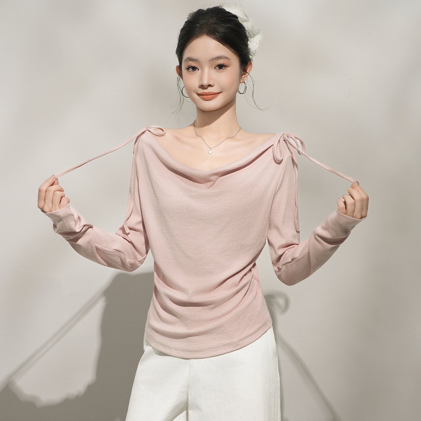 Chic Pink Off-Shoulder Long Sleeve Top for Women, One-Shoulder Neckline Inner Layer
