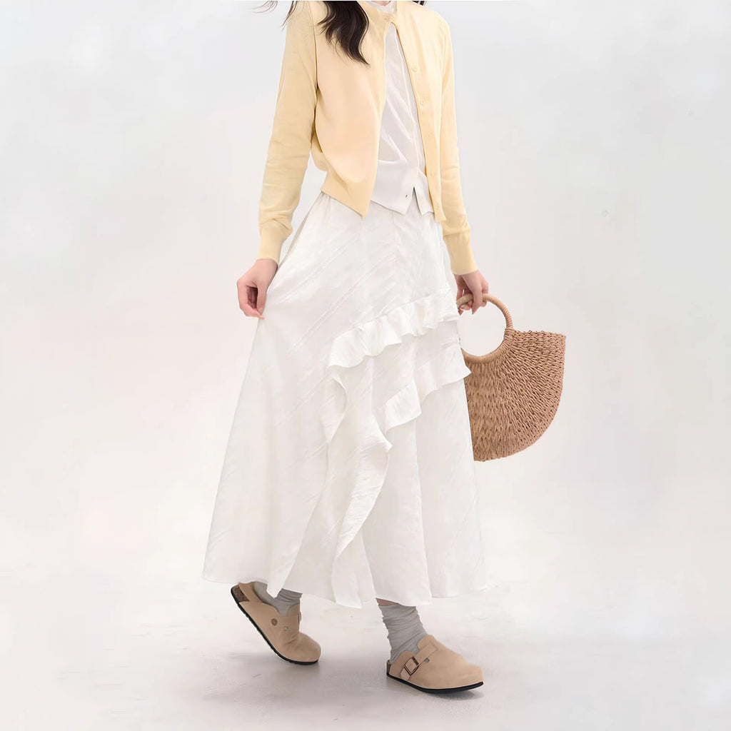 Irregular White A-Line Tiered Skirt High Waist Slimming Midi Skirt for Women