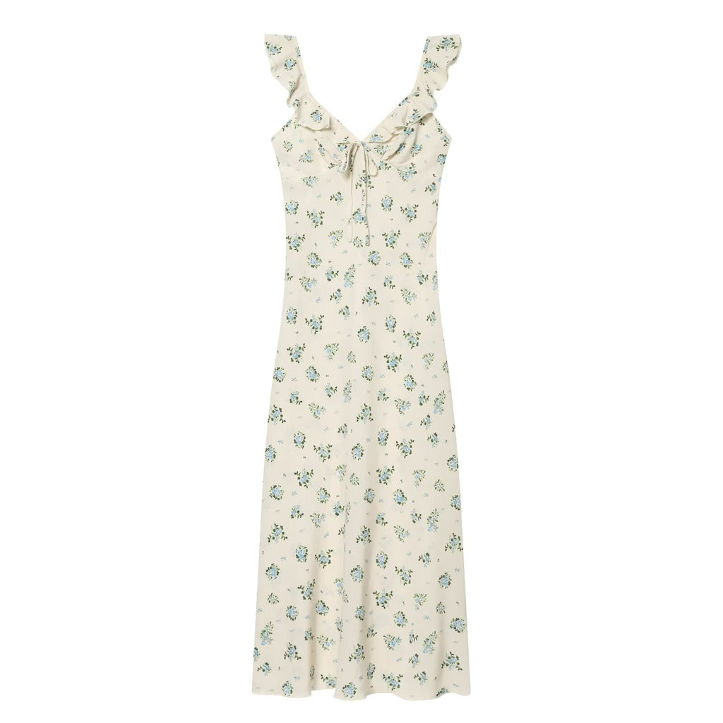 Holiday style floral ruffle edge sleeveless dress