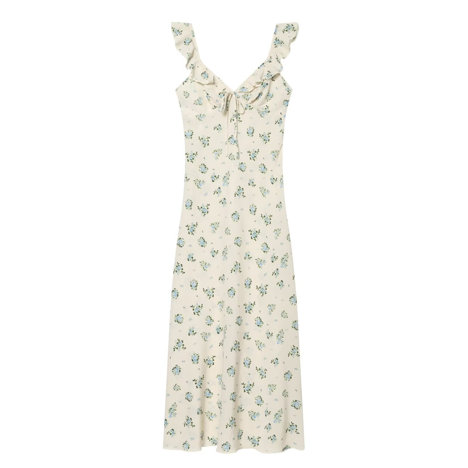 Holiday style floral ruffle edge sleeveless dress