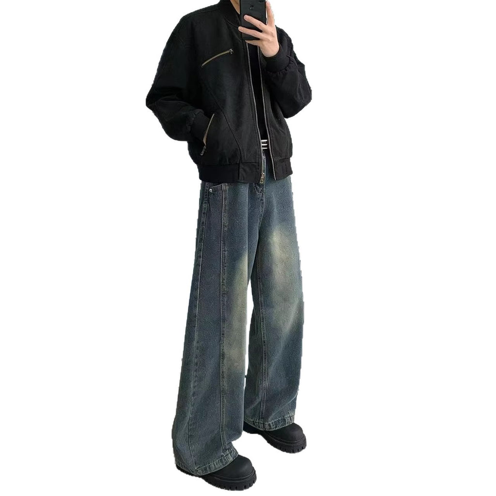 Retro Knife-Edge Denim Jeans Men's Long Pants Slit Cut